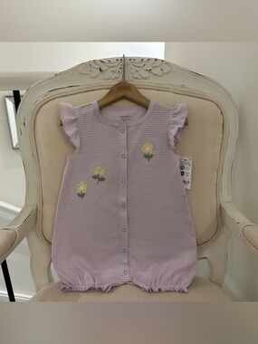 🤍 24 Mth Carter's Lavender Striped Baby Romper with Floral Embroidery NWT